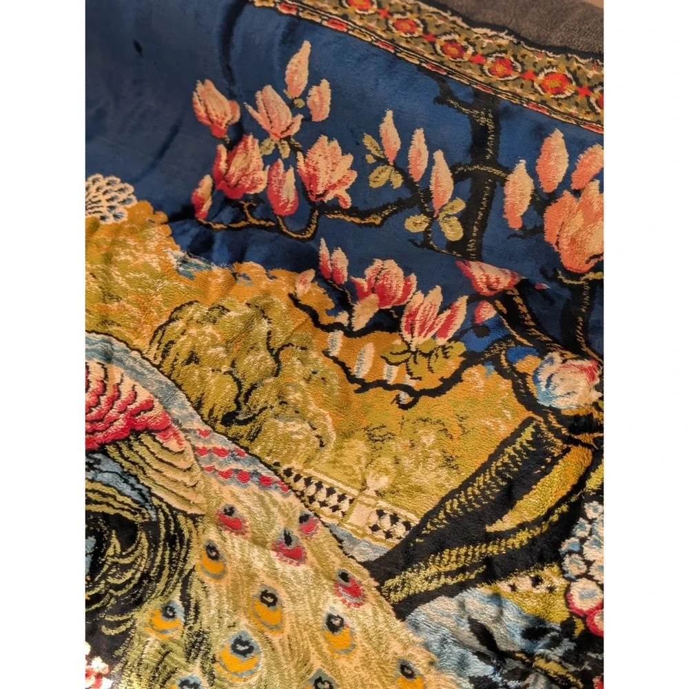 Velvet Peacock Tapestry Large 6x4 Wall Hanging Fringe Boho Cottagecore Vintage